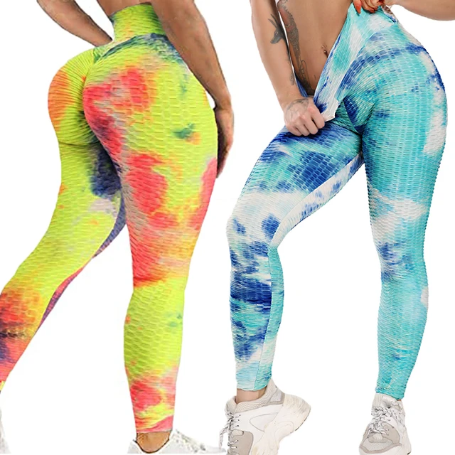 Printed Textured Leggings Women's Yoga Pants High Waist Ruched Tie Dye  Workout Butt Lifting Pant Tummy Control Push Up Gym Tight - AliExpress