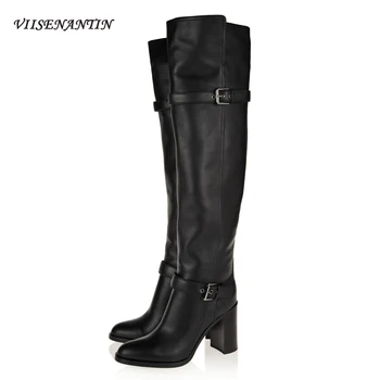 

European and American New Style Leather Round Head Belt Buckle Large Size Custom Thick Heel High Heel Over The Knee Boots