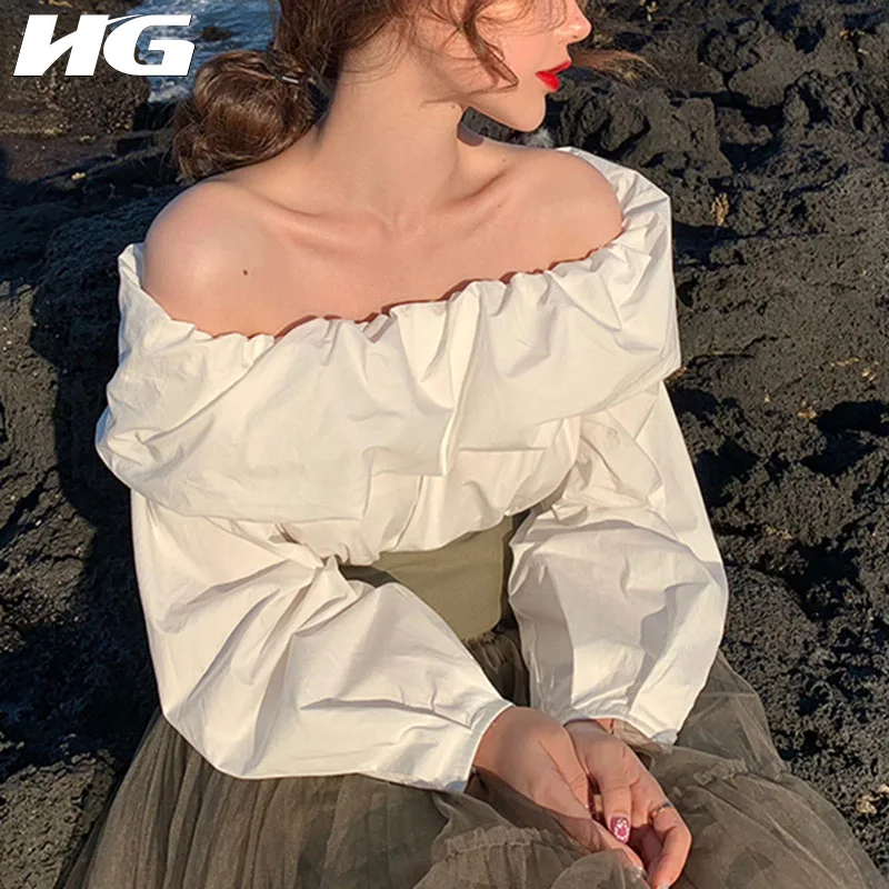 

HG Off Shoulder Women Shirt White Long Sleeve Pleated Fashion Vintage Korean Style Top 2019 New Autumn Blouse Women ZYQ1864