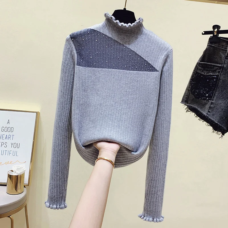 2021 Ruffled Collar Lace Patchwork Woman Autumn Pullover Elegant