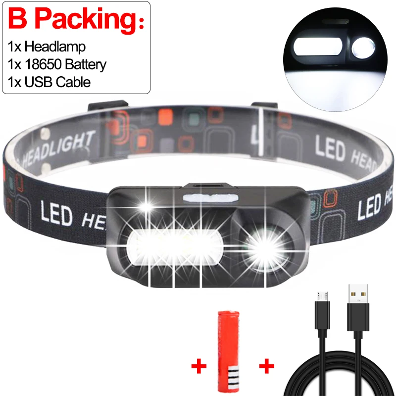 Package B Супер яркий светодиодный налобный фонарь для отдыха на природе XPE+ COB USB головной светильник для рыбалки головной светильник s водонепроницаемый светильник вспышки 18650 - Испускаемый цвет: Package B