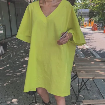 

LANMREM 2020 spring summer korean trendy loose large size v collar oversize dresses famale casual all-match new clothes YJ152