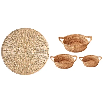 

4 Pcs Natural Weave Placemats Round Braided Rattan Tablemats & 3PCS Rattan Storage Vine Rounded Storage Basket
