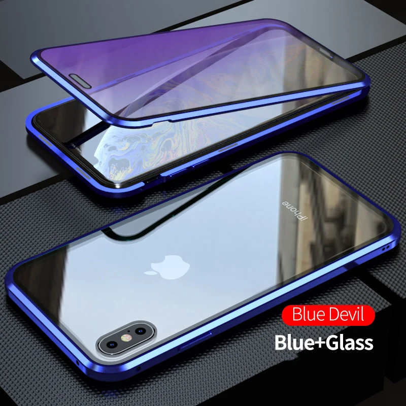 Чехол для Apple iPhone X XS MAX XR 8 7 6s Plus, анти-синий светильник, экран и заднее закаленное стекло 360, полная защита, металлический чехол - Цвет: Синий