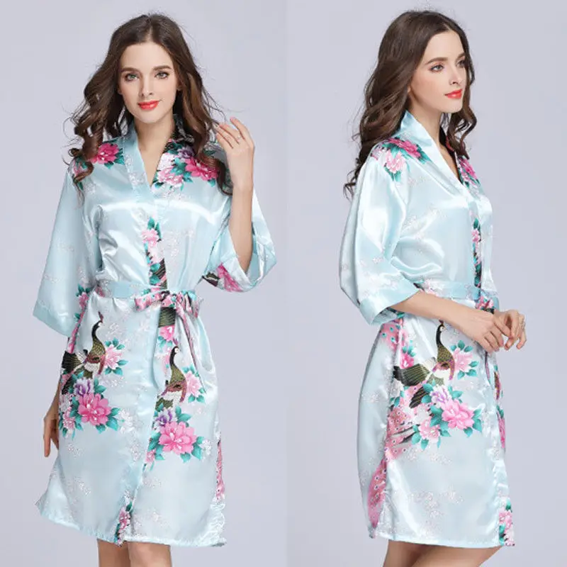 Women´s Satin Robe Kimono Dress Summer Sexy Gown Half Sleeve Floral Print Sleepwear Mini Night Dress Bathrobe - Цвет: Light blue