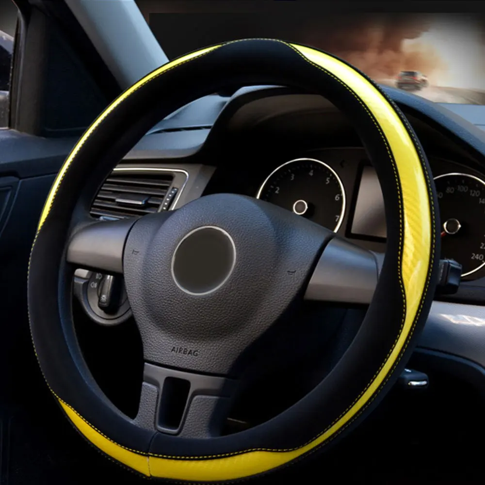 Цвет: желтый DSYCAR 1 шт. авто чехол рулевого колеса автомобиля углеродная фибра; микроволокно кожа противоскользящая без запаха подходит 38 см подходит для всех сезонов - Название цвета: Цвет: желтый