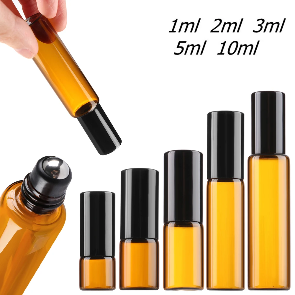 

1Pcs Empty 1ml 2ml 3ml 5ml 10ml Amber Thin Glass Roll on Bottle Sample Test Essential Oil Vials with Roller Metal /Glass Ball Refillable Perfume Bottle