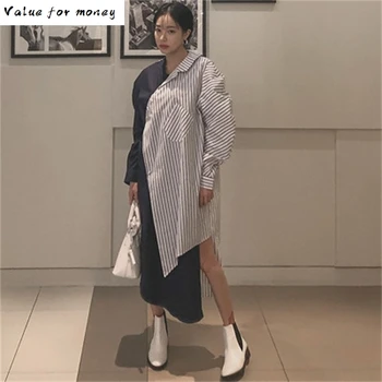 

2020 New Summer Fashion Temperament Women Loose Plus Casual Long Section Irregular Stitching Striped Shirt TC210