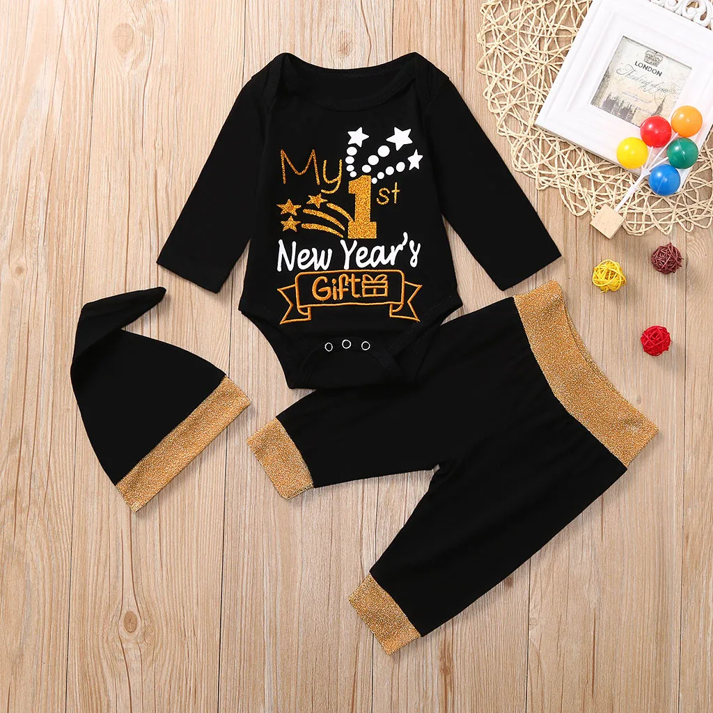 Одежда для новорожденных мальчиков и девочек с надписью «My first new year s», комбинезон, штаны, шапочка, комплект одежды из 3 предметов, vetement Babys fille