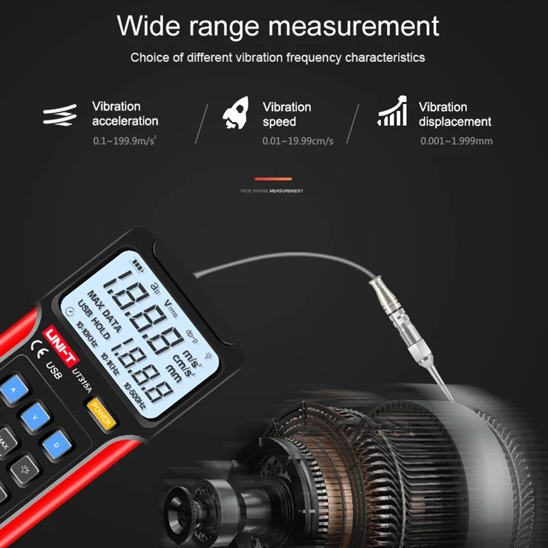 UNI-T UT315A Digital Vibration Testers Vibration Acceleration Velocity Displacement Measurement USB Connect PC Soft 2