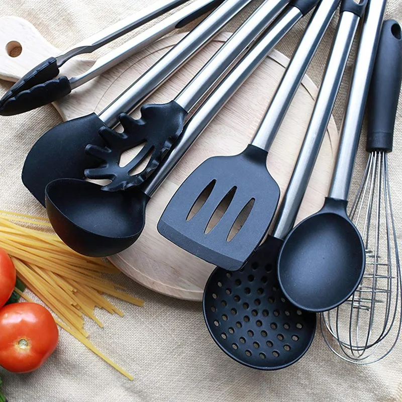 New 8 Piece Kitchen Utensil Set Stainless Steel and Black Silicone Modern Nonstick Utensils Cooking Tools