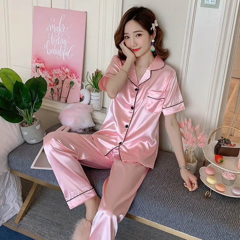 Silk Pajamas Women's Spring and Summer Long-sleeved Trousers Suit Thin Ice Silk Satin Ladies Sexy Home Service Large Size 5XL cotton pyjamas for ladies Pajama Sets
