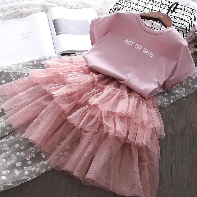

Childrenswear 2018 Summer New Style Girls Pale Purple Solid Color T-shirt + Irregular Mesh Dress Two-Piece Set P8422