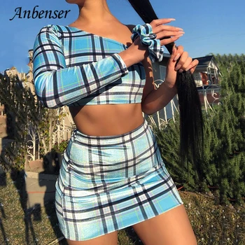 

One-Shoulder Long Sleeve Crop Tops Skirts 2 Pieces Set Plaid Print Summer Blue Zipper Beach Two Piece Set Vacation Women Sets