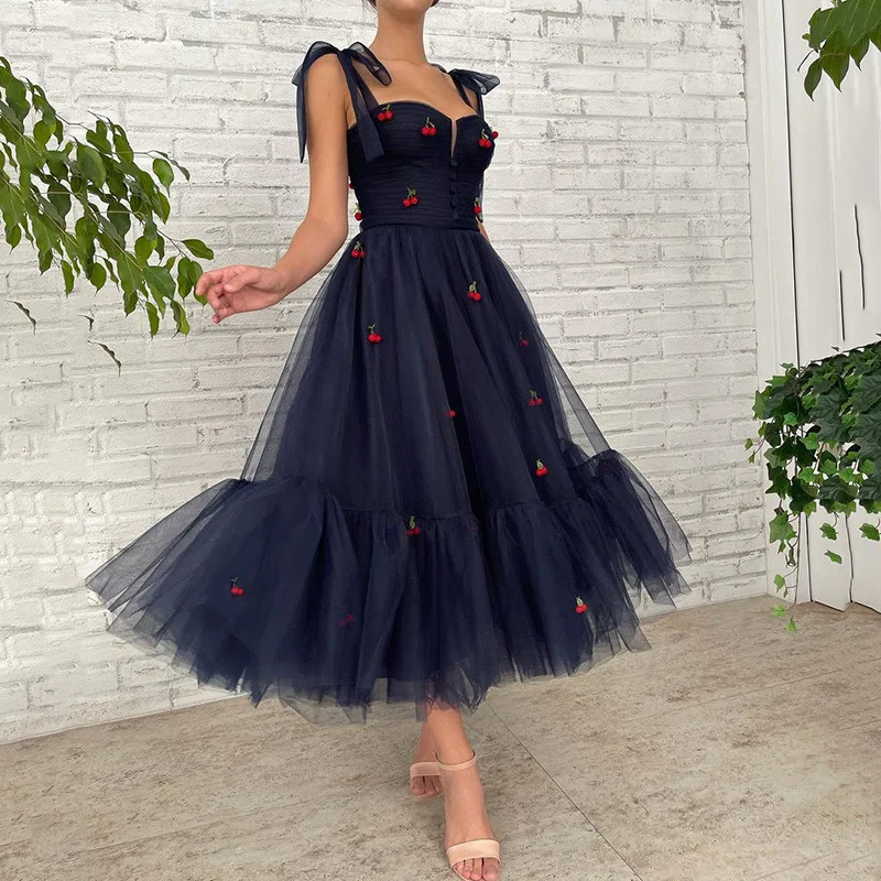 Navy Blue Short Prom Dresses Bow Straps Cherry Mid Length Formal Evening  Party Dress For Graduation With Pockets Celebrity Robe - Prom Dresses -  AliExpress