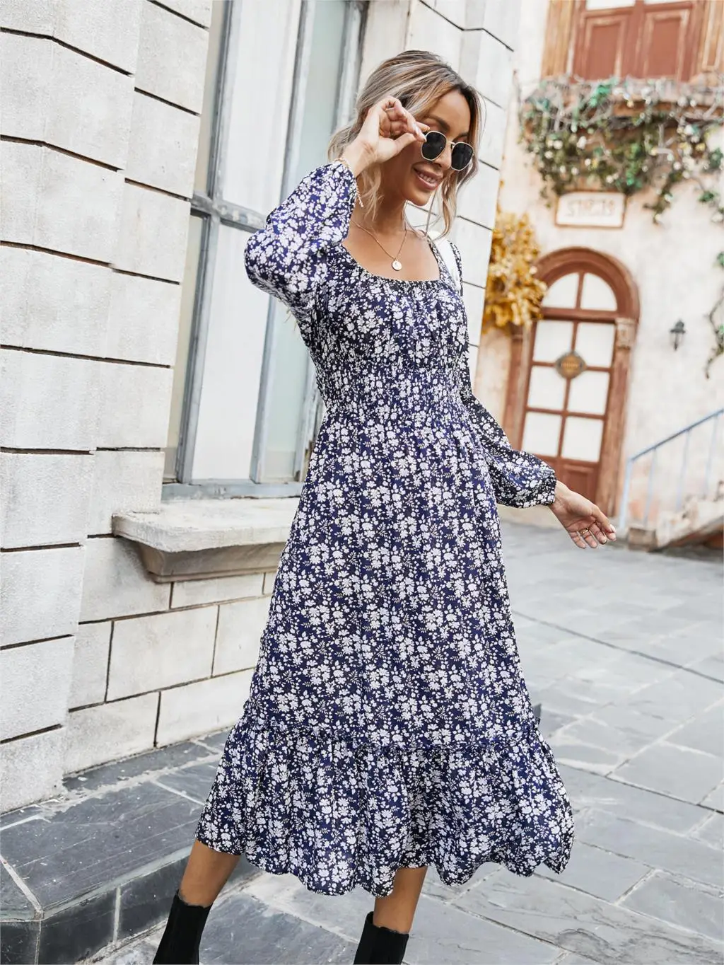 Chifirena Elegant Party Mid-Length Vintage Autumn Dress Women Square Collar Floral Print Ruffles Casual Dresses Minie Vestidos