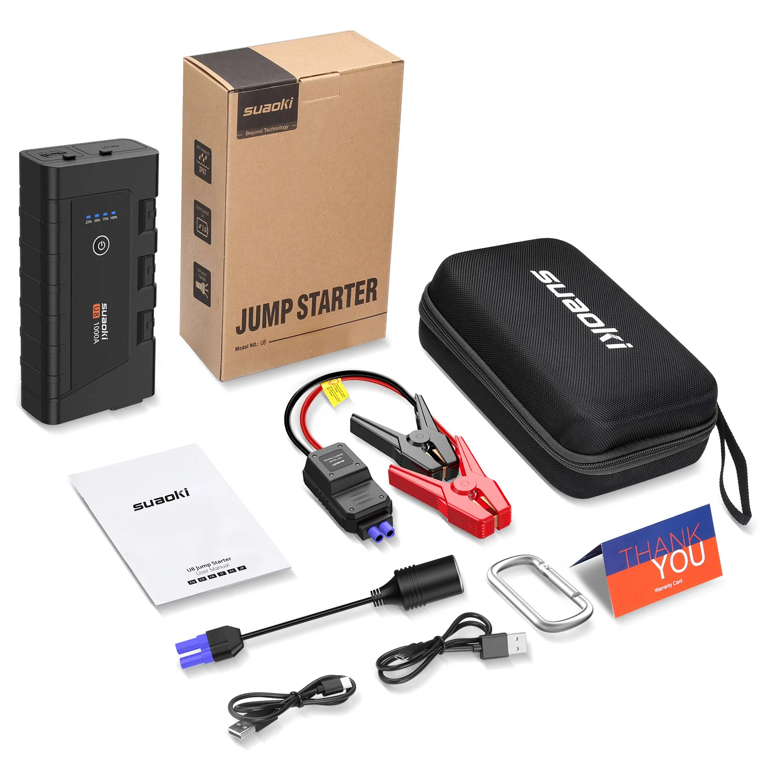 Suaoki U8 1000A Peak Jump Starter Pack Portable Power Bank QC 3.0 Type-C Output LED Light Smart Battery Clamps For 12V Car Boat