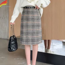 

Women Wool Skirts Winter 2020 New Thicken Woolen Plaid Elegant A Line Chic Skirt High Waist Female Skirts Midi Skirt Faldas saia