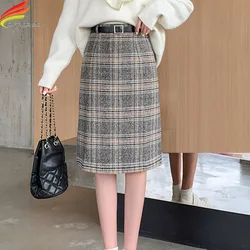 Saia feminina lã inverno 2020, saia xadrez lã engrossada elegante uma linha chique cintura alta saia midi