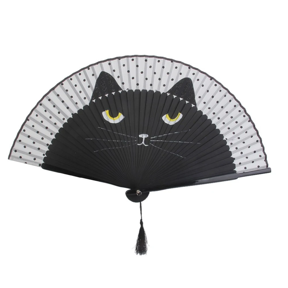 

Cute Cartoon Cat Silk Bamboo Hand Pan Folding Decoration Fan DIY Craft For Party Favour
