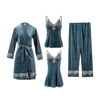 

Women Pajamas Sexy Sling Robe Long Sleeve Pajamas Sets Gold Velvet 4 Pieces Warm Winter Female Sleepwear Home Clothes Pyjamas
