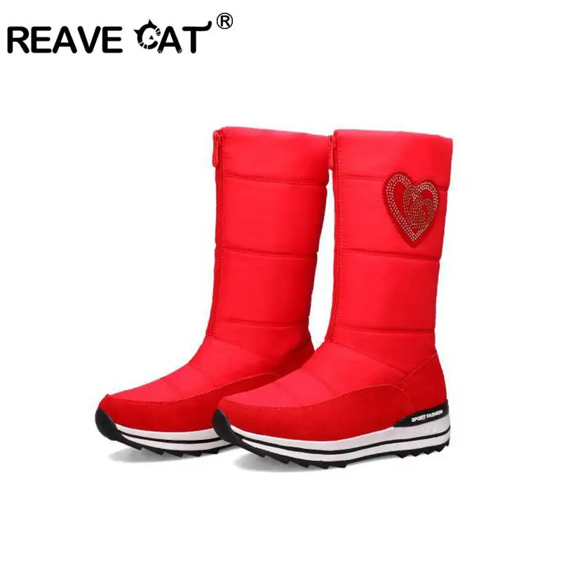 REAVE CAT/модные ботинки до середины икры для родителей и детей теплые зимние ботинки на молнии с круглым носком на плоской подошве непромокаемые ботинки на пуху, размер 31-43