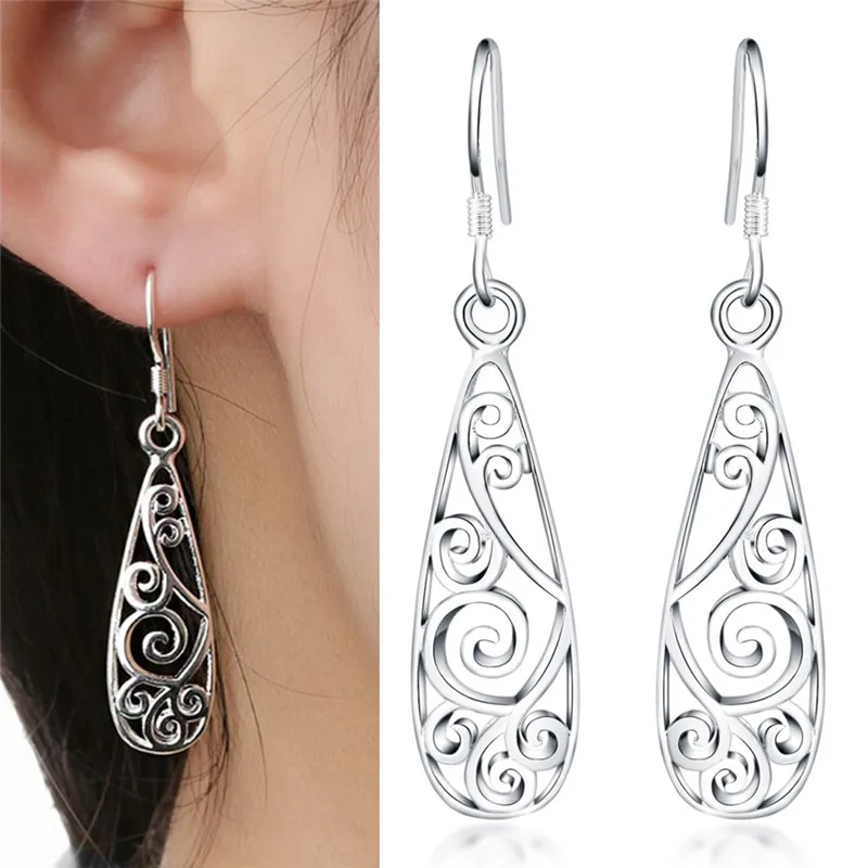 1 pair Vintage Style Silver Plated Small Dangle Hollow Drop Earrings Ear Women Jewelry