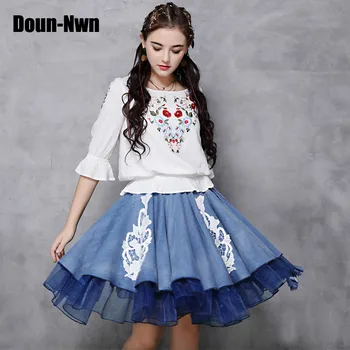 

Fashion Sexy Youth Girl Skirt Sweet Spring Summer New Season Denim Big Swing Skirt Retro Organza Stitching Contrast Color Skirt