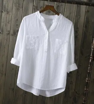 

2019 New Spring Summer Women White Long Sleeve Blouses Pockets Casual Pocket Cotton V-Neck Shirts