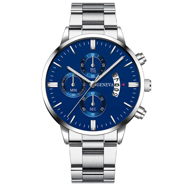 2020 Fashion Trend Men's Stainless Steel Watch Luxury Calendar Quartz Watch Men's Business Casual Watch Silver Blue