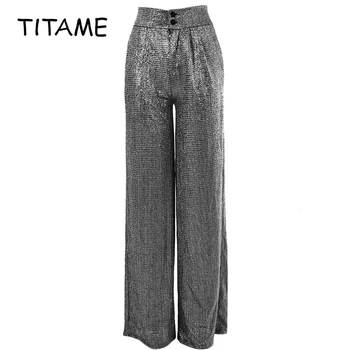 

TITAME Women Shinning Pants Bright Silk High Waist Wide Leg Pants Loose Straight Leg Trousers Mop Pants Female Casual Long Pants