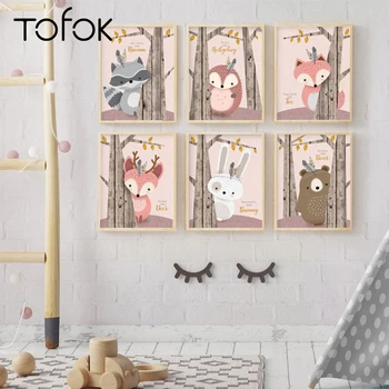 

Tofok Ins Animal Holding Tree Decorative Painting Children Room Canvas Wall Picture Core Cute Rabbit Fox Home Nursery Pendant