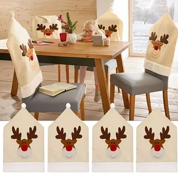 

JEYL 4PC Deer Hat Chair Covers Christmas Decor Dinner Chair Xmas Cap Sets Reindeer