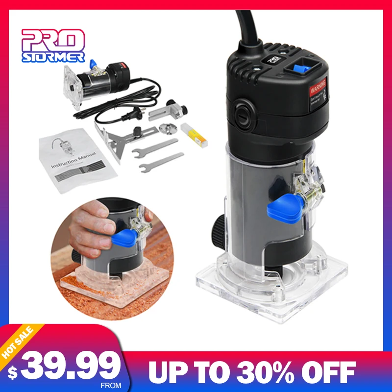 

PROSTORMER Woodworking 650W 30000rpm Router 220V Wood Trimmer 6.35mm Chuck Adjustable Depth Router Tool Electric Hand Trimmer