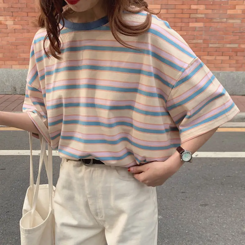 Ulzzang Harajuku в стиле преппи Радужная полосатая футболка школьницы летние топы 2020
