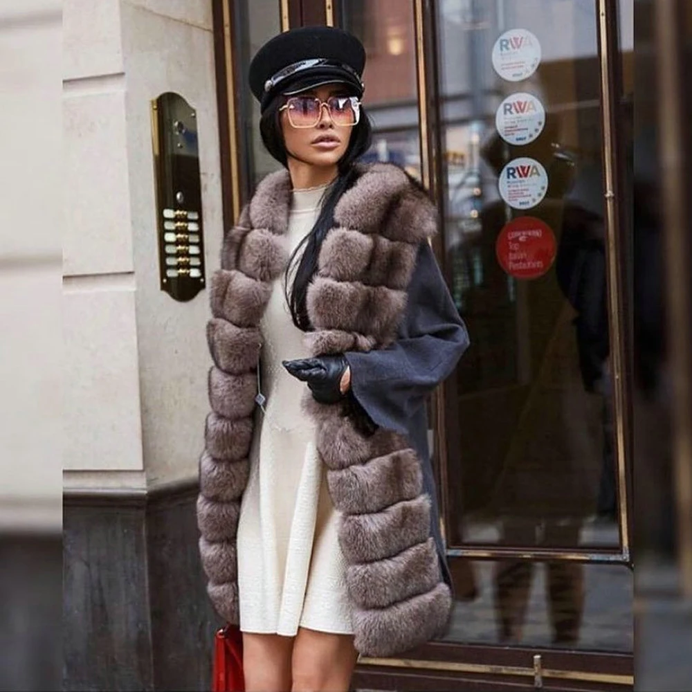 Fashion Long Fox Fur Cashmere Coat with Belt Slim Women Winter New Wool Blends Coat with Long Fox Fur Collar Natural Overcoats