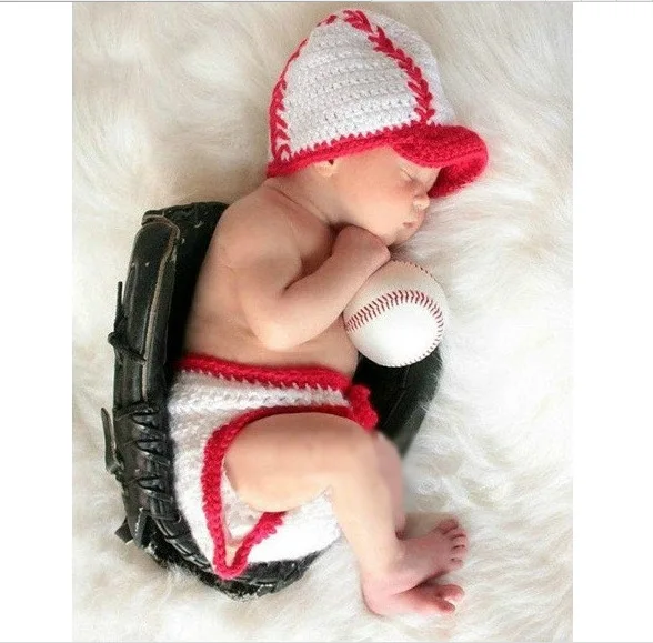 Newborn Photography Red Baseball Woolen Yarn Suit Photography Props One Hundred Days Photography Sport Style Clothing