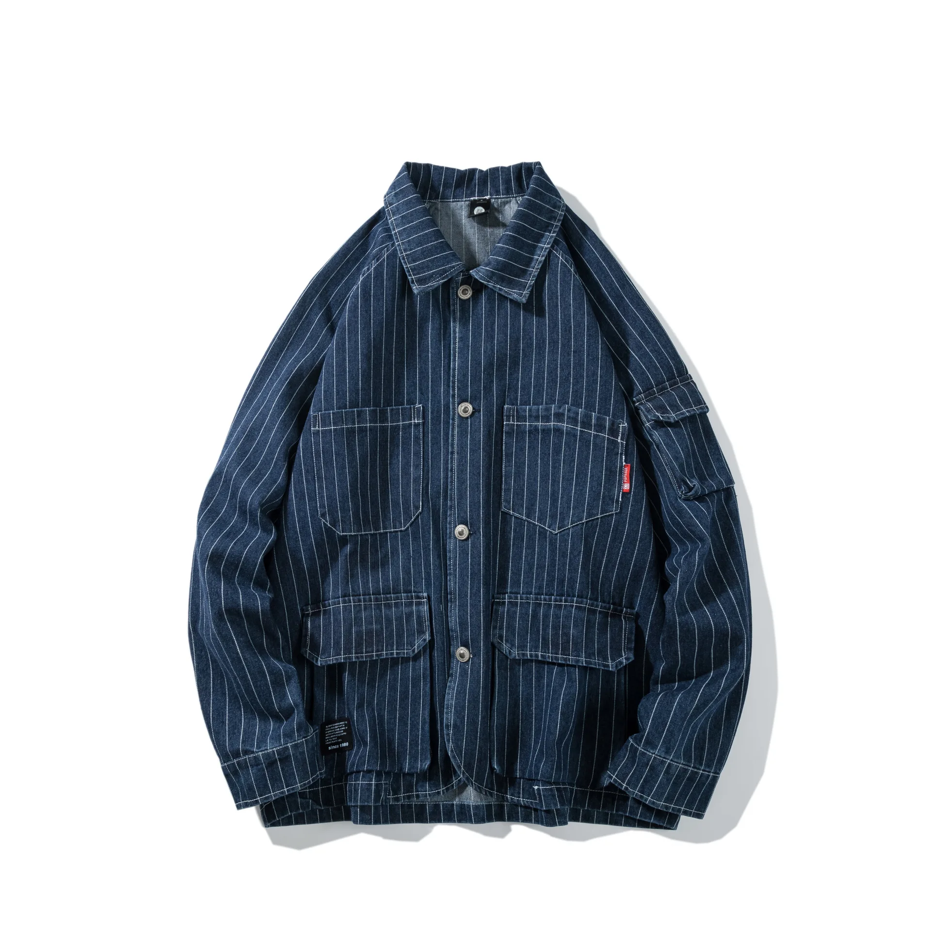 

City Where the Product Autumn New Style Vertical Striped Printed Men Multi-pockets Fold-down Collar Jacket National Trends Men'S