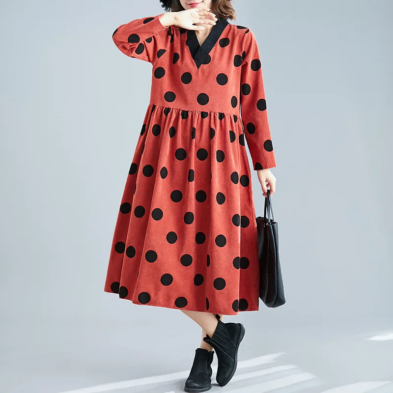 

2019 Autumn And Winter Versatile High-End Cotton Linen V-neck Slimming Large Size Long Skirts Corduroy Big Hemline Long-sleeved