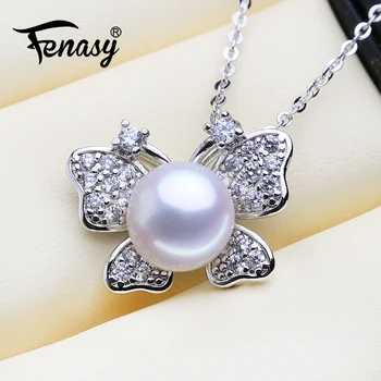 

FENASY Natural Pearl Necklace For Women Pearl Jewelry Personalized Butterfly Pendant With Chain Cubic Zirconia Choker Necklace