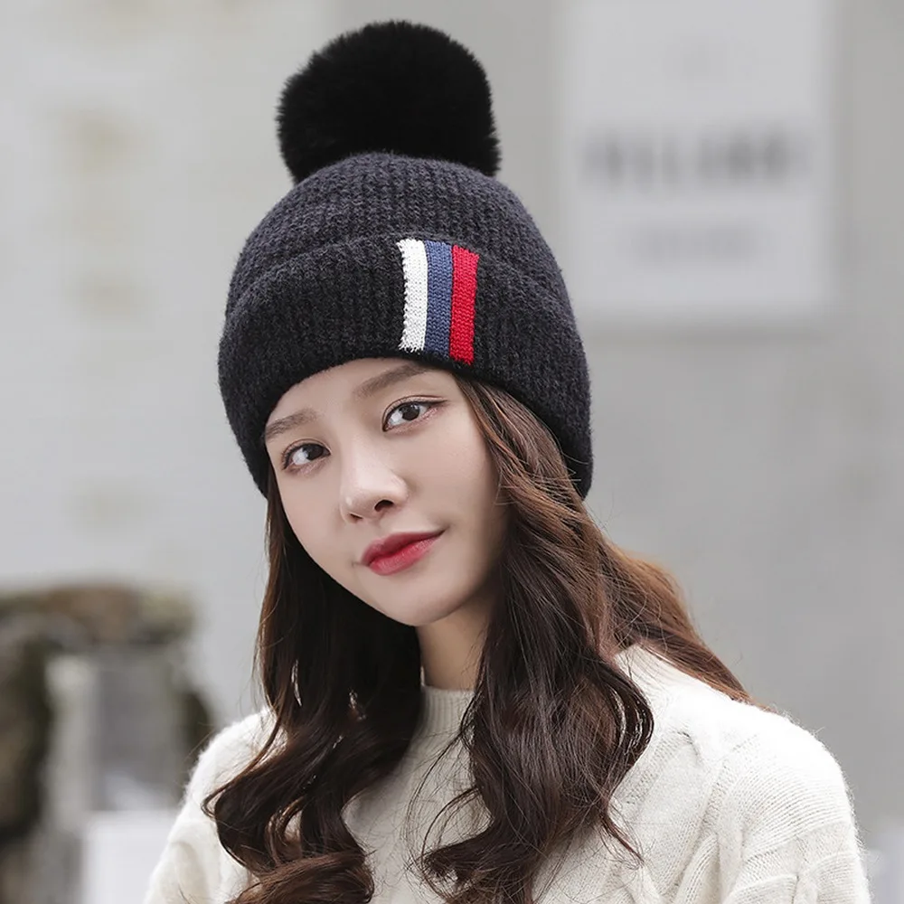 

Winter Women Hedging Cap Female Beanie Hair Ball Casual Style Knitting Color Stripe Decoration Keep Warm Outdoor Soft