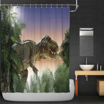 

okjeff Decor Bathroom Decor Set,Dinosaur in The Jungle Trees Forest Nature Woods Scary Predator Violence with Hooks,72''W x