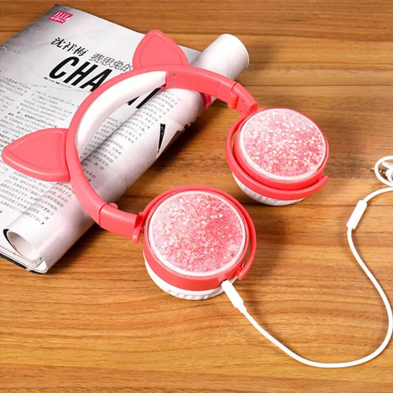Girls Cat Ear Headset with Microphone Quicksand Decor Music Sports Wired Headphones for Kids Gifts