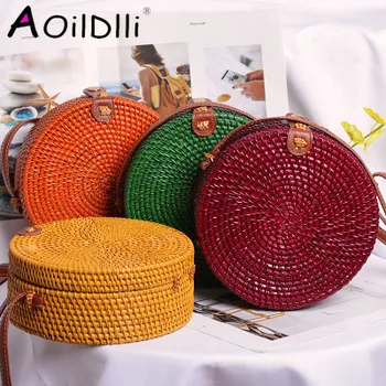

Summer Bali Hand Woven Women Rattan Bag Round Shoulder Crossbody Bags Beach Straw Bag Bohemian Knitting Travel Circular Handbags