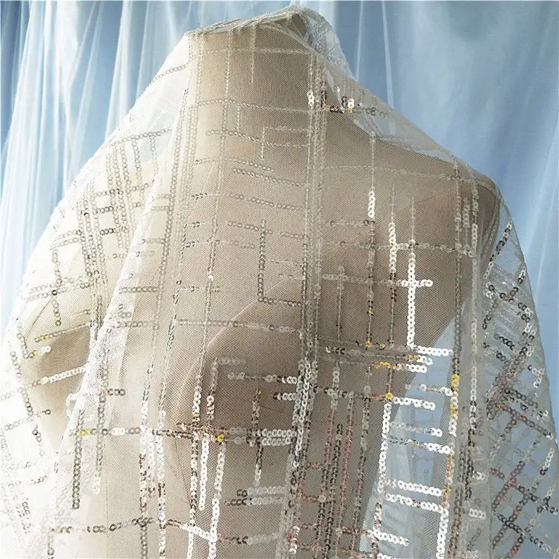 Блестящая кружевная ткань с блестками в сеточку белый цвет новая коллекция 51 ”