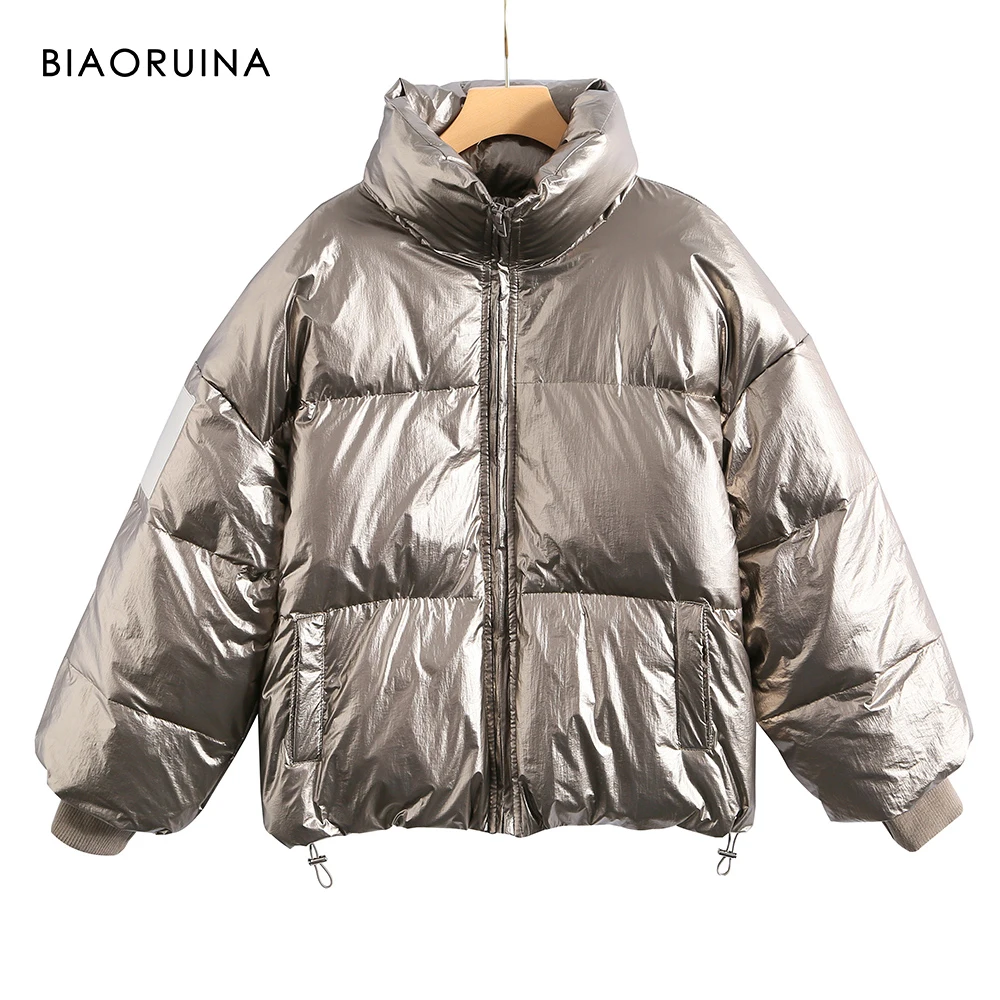 BIAORUINA 5 Colors Women's Solid Color Lacquered Fashion Thick Warm Down Jacket Loose Winter Parka Casual Coat Streetwear | Женская