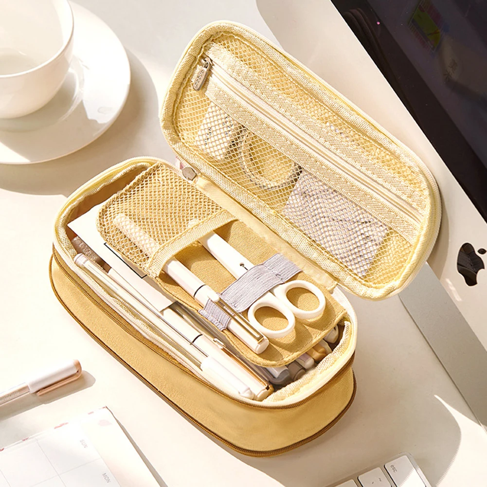 

Pencil Case Office School Stretch Stationery Large Capacity Box Double Layer Canvas Kids Simple Zipper Organizer Cute
