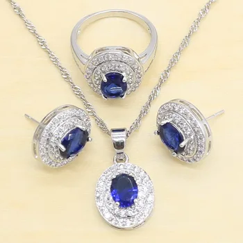 

Blue Crytal White Zirocn Silver Color Jewelry Sets for Women 4 Colors Stud Earrings Necklace Pendant Rings Gift Box