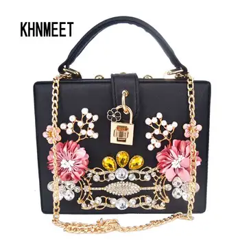 

Fashion Box Shape Pink Pu Colorful Bird Chain Women Handbags Flower Flap Bag Ladies Messenger Bag Mini Tote Shoulder Bag