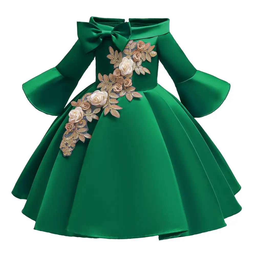 Красное рождественское платье с цветочной вышивкой и рукавом средней длины для девочек; Детские платья для девочек; вечерние бальные платья принцессы; одежда для детей - Цвет: green